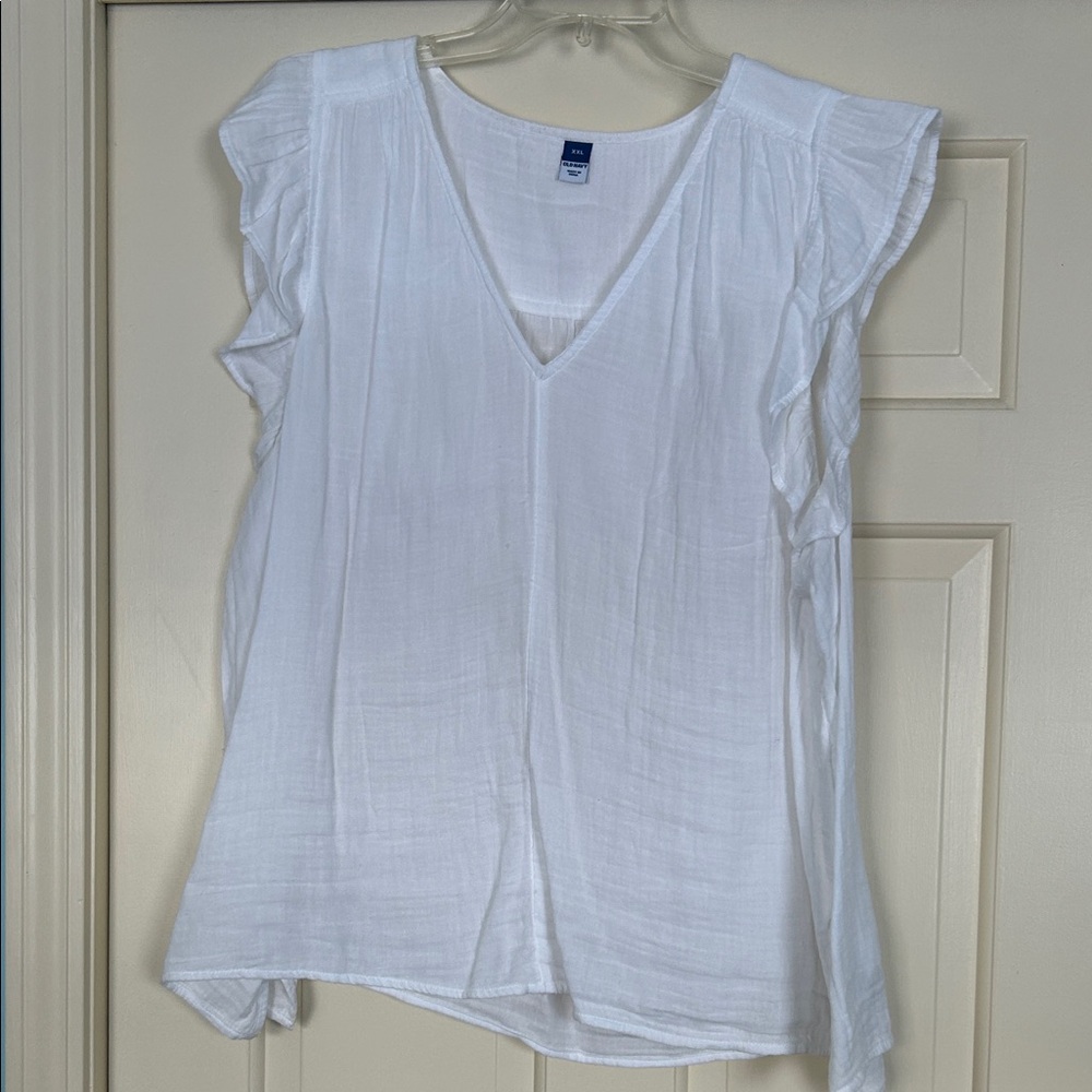 Old Navy White V-Neck Ruffle Blouse